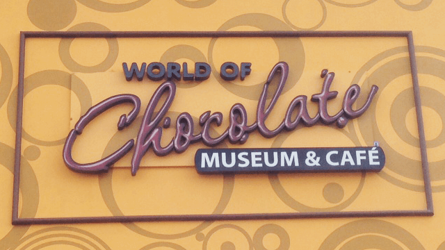 World Of Chocolate Channel sign with custom cursive font